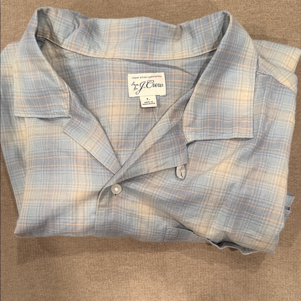 J. Crew Men's Light Blue and Beige Plaid Shirt